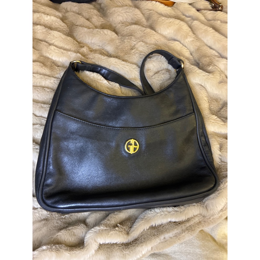 Giani Bernini Black Leather Shoulder Bag Gold Logo Medallion Hobo Handbag